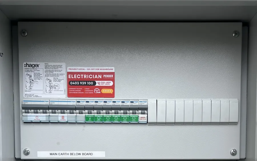 New Hager switchboard with safety switches on every circuit, installed by Pender Electrical